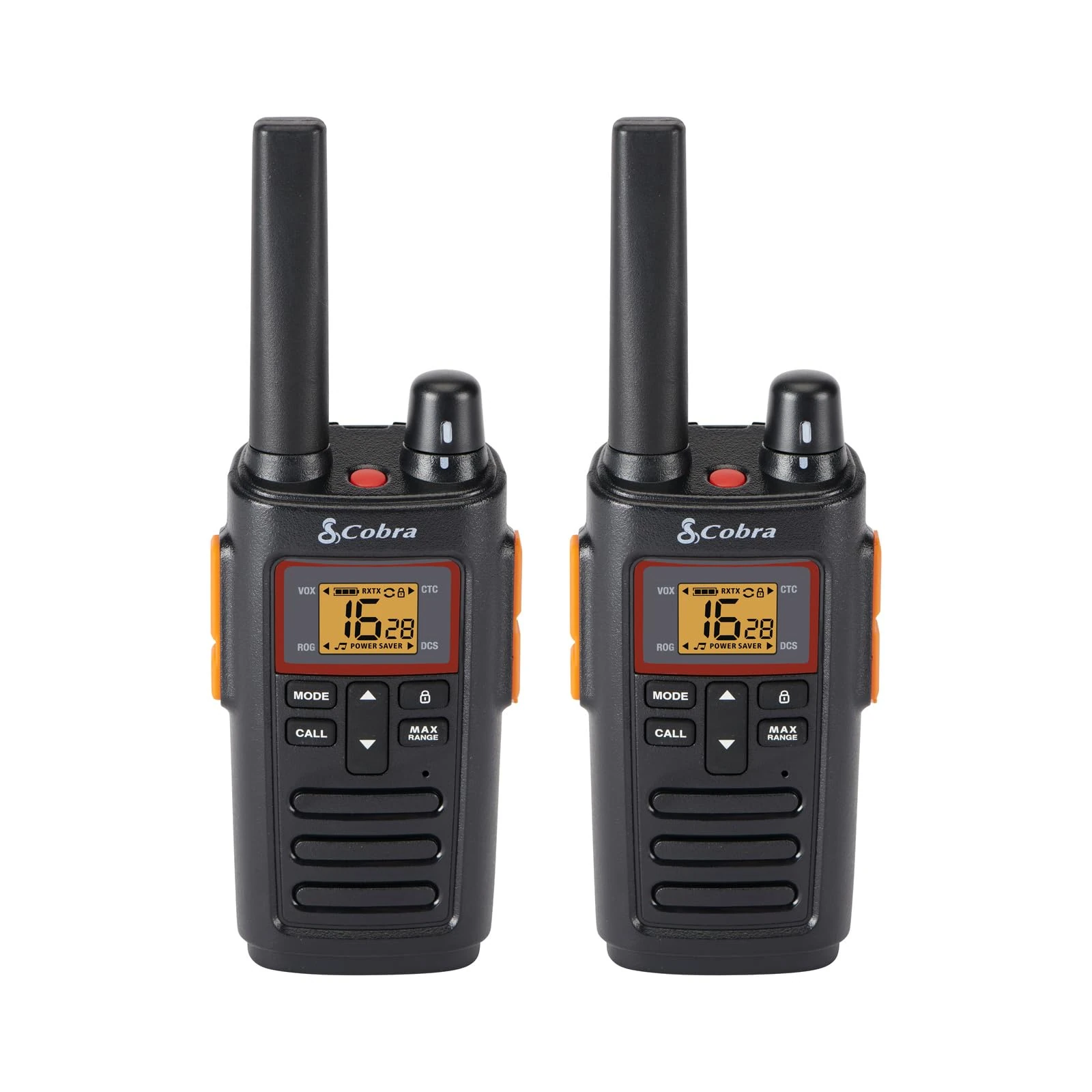 Cobra RX380 Walkie Talkies (2-Pack) - PMR446 Recreational and Business Rechargeable Two-Way Radios, 8 km Range, IPX2 Water Resistance, Black and Orange