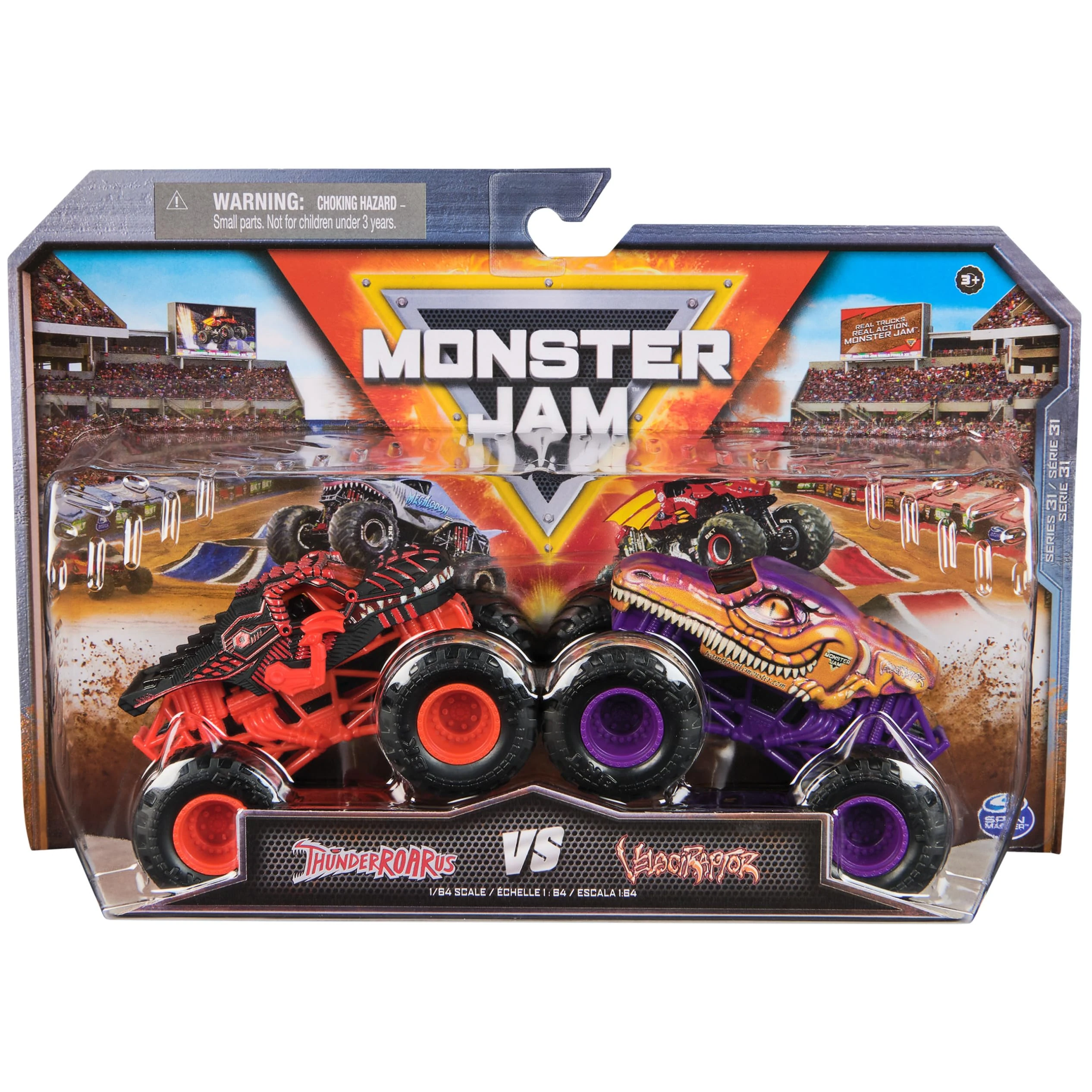 Monster Jam, Official ThunderROARus Vs. Velociraptor Die-Cast Monster Trucks, 1:64 Scale, Kids Toys for Boys Ages 3 and up