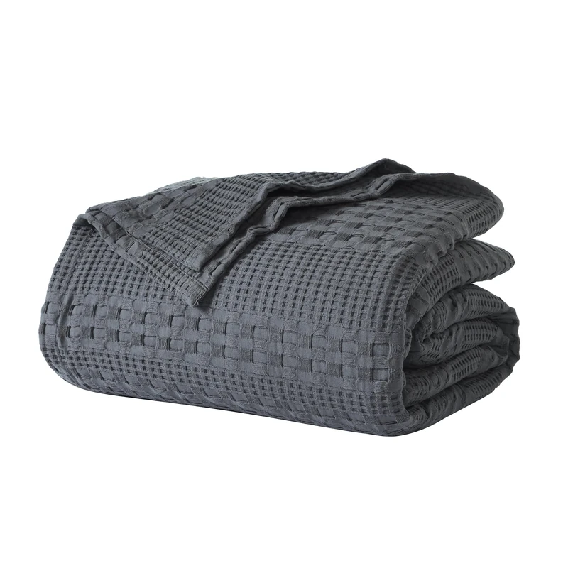 VHC Brands 100% Cotton Waffle Weave Queen Blanket 90"x90", Decorative Lightweight Spring and Summer Throw Blanket, Bedroom Decor for Bed, Couch, or Sofa, Dark Grey