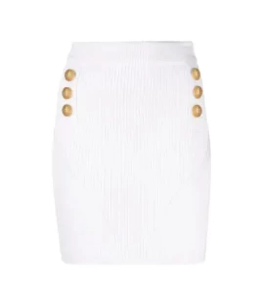 Balmain Pre-Loved Cream Ribbed Knit Mini Skirt with Gold Button Detail