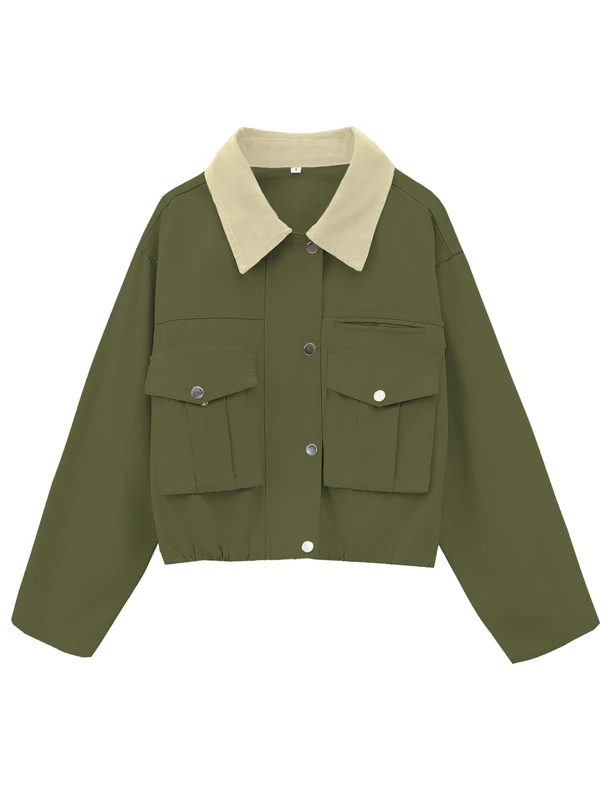 Megfie Womens Cropped Jacket Contrast Collar Utility Coat Cargo Jacket Barn Jacket Outwear with Pockets, Armygreen, S