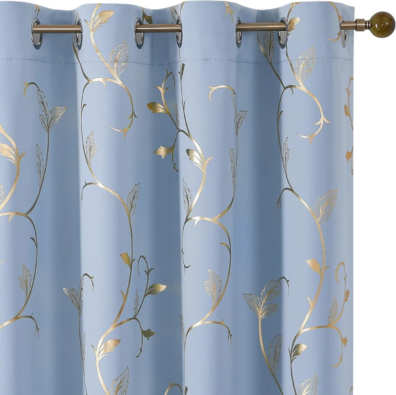BUHUA Blackout Curtains Gold Foil Print Flower Vine Grommet Drapes, Room Darkening Thermal Insulated Curtains, Noise Reducing Curtain for Bedroom, Blue, 52Wx108L, 2 Panels