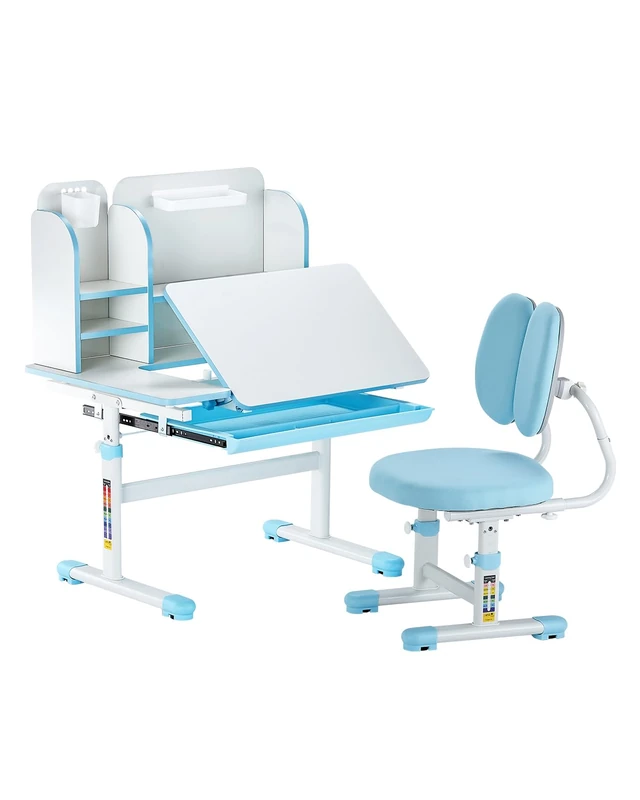 VEVOR Kids Study Chair and Desk Set, Study Desk and Chair for Kids with Bookshelf & Storage Drawer, Adjustable Height & 0-40° Tilted Desktop, Study Table for Bedroom & Study Room, Blue