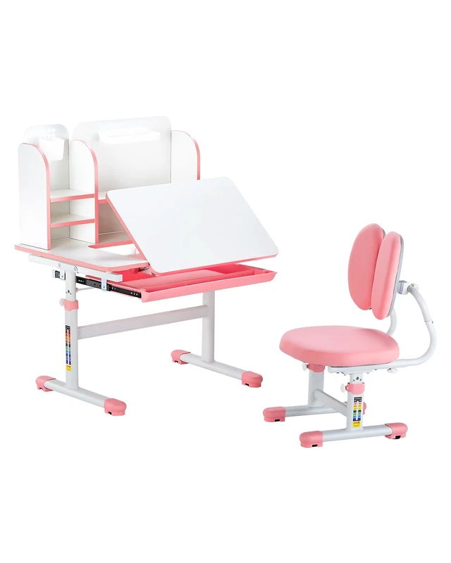 VEVOR Kids Study Chair and Desk Set, Study Desk and Chair for Kids with Bookshelf & Storage Drawer, Adjustable Height & 0-40° Tilted Desktop, Study Table for Bedroom & Study Room, Pink - Image 1