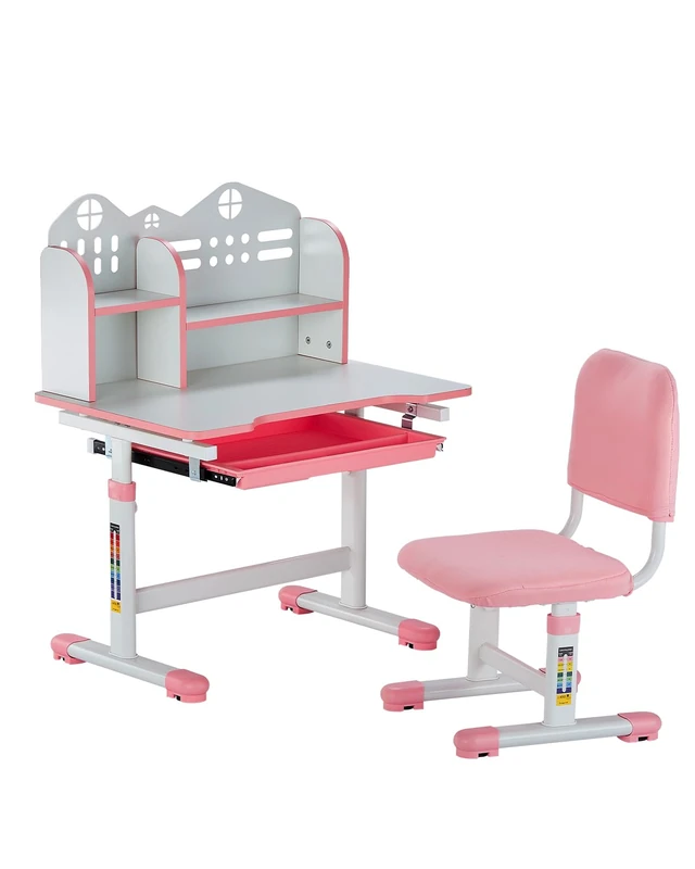 VEVOR Kids Chair and Desk Set with Shelf and Storage Drawer, Adjustable Height Kids Study Table and Chair for Learning Bedroom and Study Room, Pink