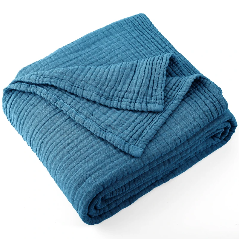 Carriediosa 100% Cotton Muslin Throw Blanket 108" X 90" King Size，4-Layers Summer Gauze Throws for Bed Couch，Soft Lightweight Breathable Linen Blankets Bedspread for Adults All Season，Dusty Blue