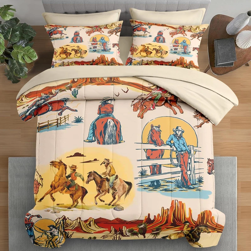 Pamnest Comforter Set Full Size, Western Cowboy Retro Colorful 7 Pcs Bedding for Kids and Adults, Vintage Horse Cowgirl Bed Sheet Sets with Fitted Sheet 2 Pillowcases & 2 Shams for Bedroom Bed Decor