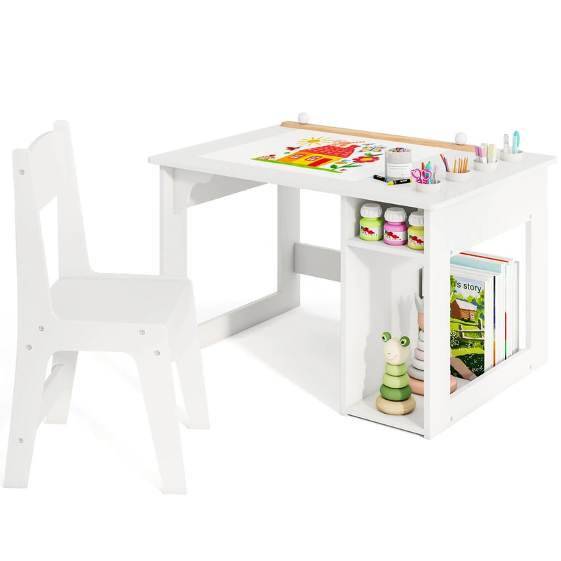 GYMAX Kids Table and Chair Set, Wooden Children Art Desk with Paper Roll, 4 Paint Cups & 2 Storage Shelves, Toddler Activity Table Set for Drawing Writing Learning, 80x60x49cm