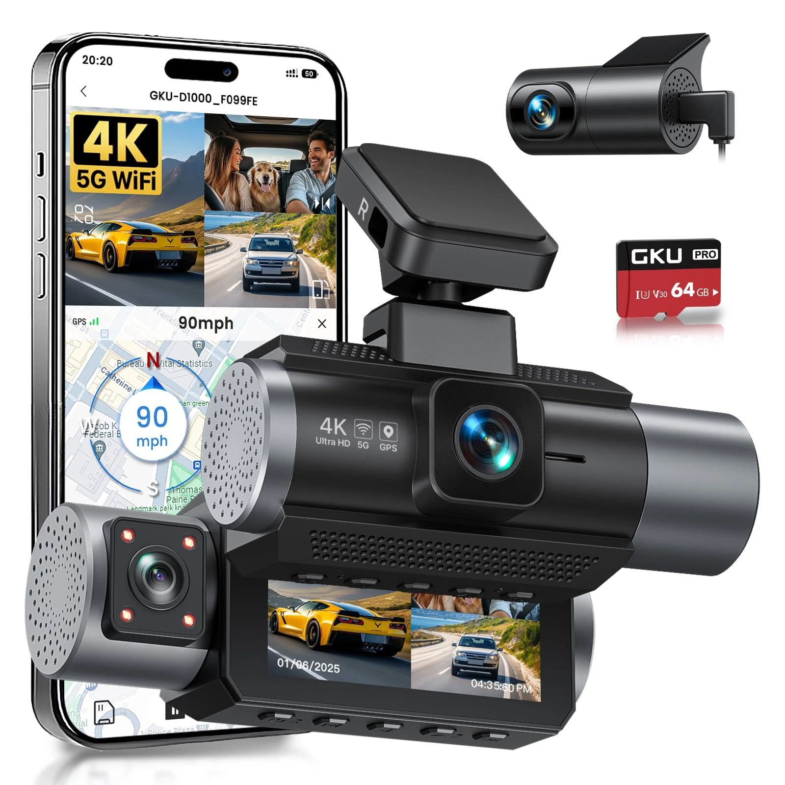 GKU 4K 3 Channel Dash Cam,5G WiFi DashCam,4K+1080P+1080P Dash Cam Front and Rear and Inside,DashCam Built-in GPS,170° Wide Angle,24H Parking Mode,64GB Card,3-Inch Screen,Max 512GB.
