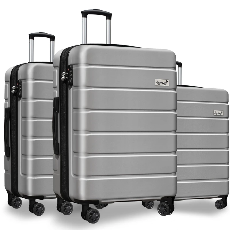 KEYTANG Explorer Lightweight Hardshell 20% Expandable 3-Piece Luggage Set with TSA Lock, Double Spinner Wheels, and Carry-On Suitcase, Silver, 3 Piece Set, Light Weight Hardside Expandable Spinner