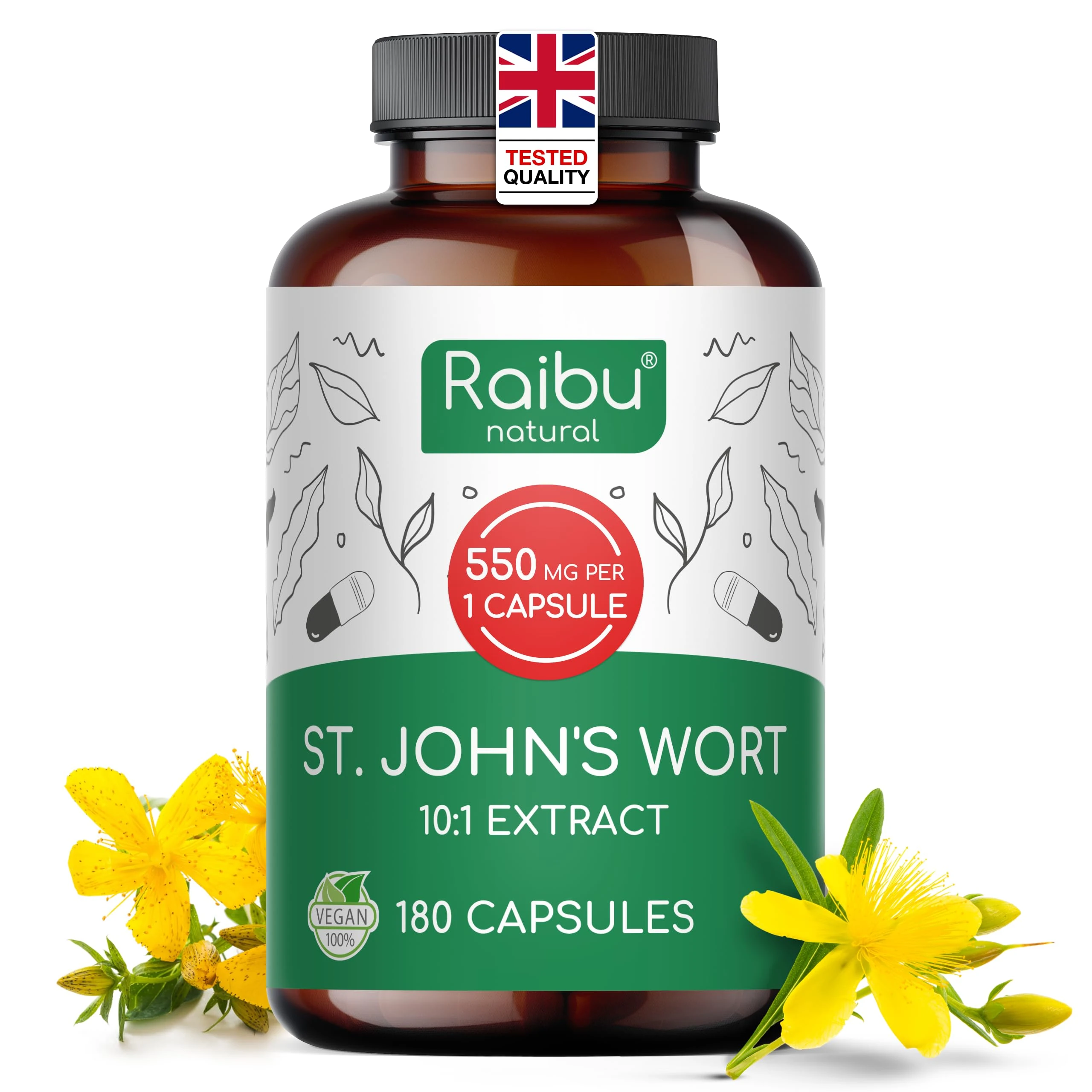 St John's Wort 5,500 mg - 10:1 (550 mg) St John's Wort per Capsule - Mood & Emotional Wellbeing - Maximum Strength, 6-Month Supply - 180 Vegan Capsules, No Additives - Raibu