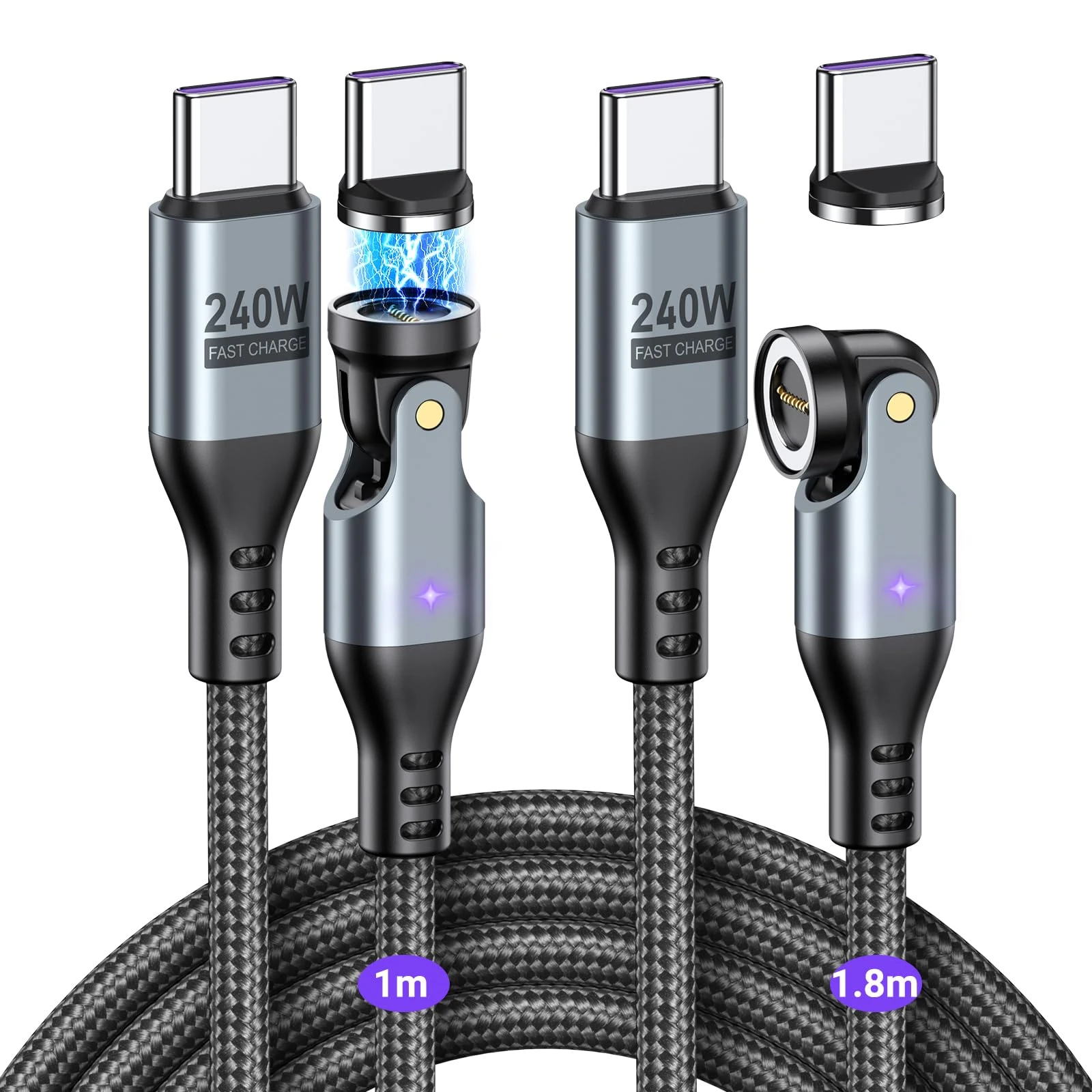 VAFOTON 240W Magnetic Charging Cable 9Pins (2Pack, 1m/1.8m), PD 240W USB C to USB C Magnetic Phone Charger Cables for Tablet/Laptop/MaBook/Smartphone