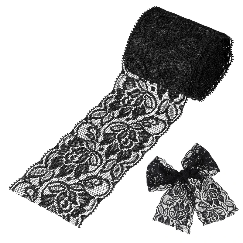 Black Lace Ribbon, 6.5cm Wide 4.5m Long Black Lace Fabric Vintage Floral Pattern Elastic Lac Trim for Sewing DIY Crafts Gift Wrapping Wedding Party Decoration