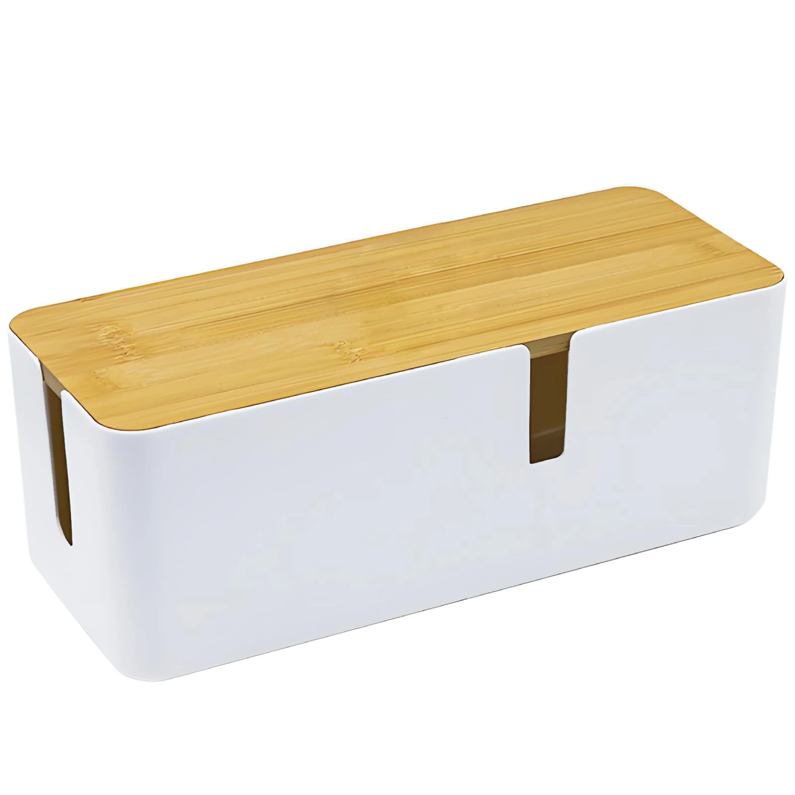JJQHYC Cable Tidy Box Large Cable Box with Bamboo Lid Cable Management Box White Cable Organiser for Hiding Cables and Plugs