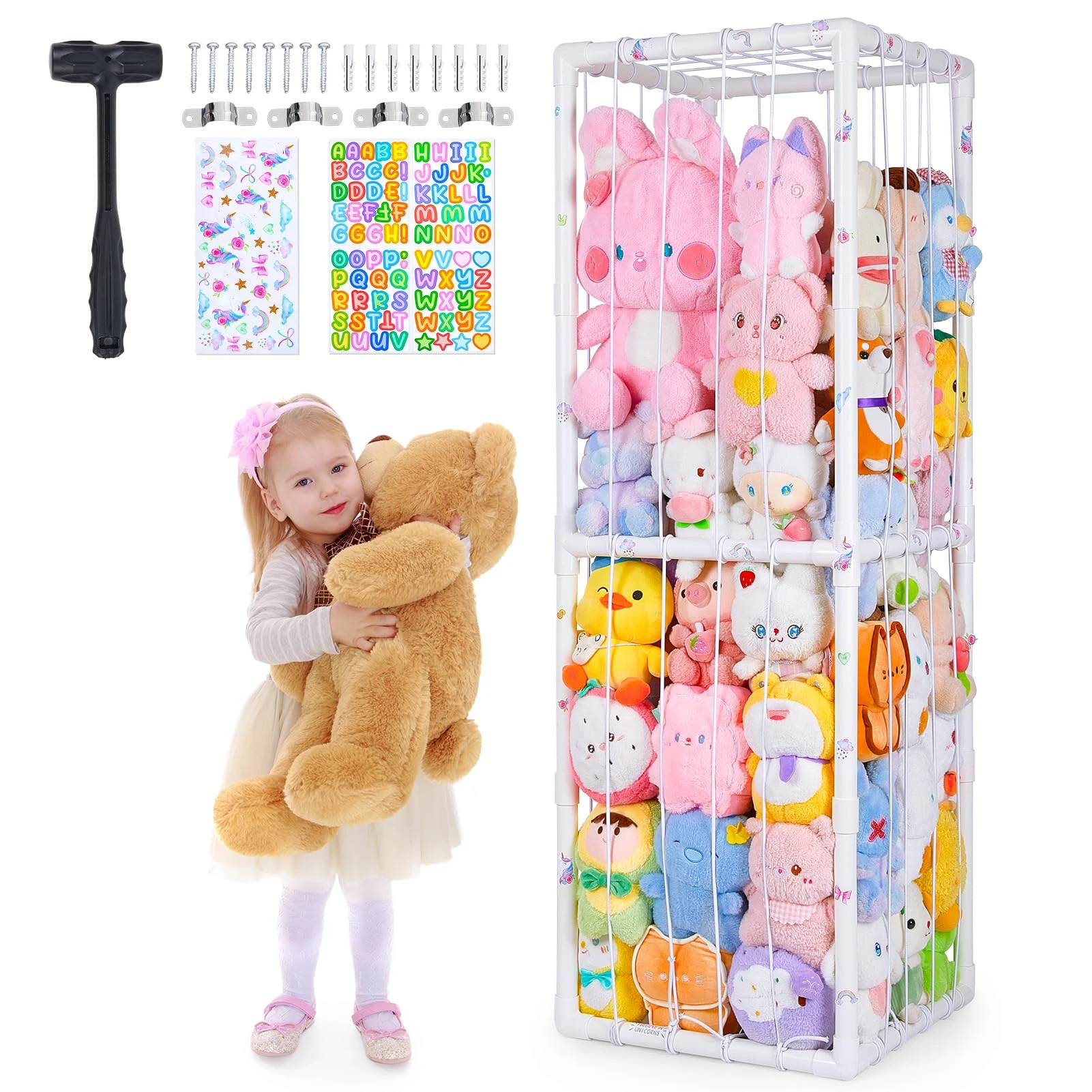 Unicorn Castle Stuffed Animal Storage Zoo Cage Extra Large Soft Toy Storage Bin Display for Nursery Playroom Bedroom Kid Room Furniture,148x41x41cm,White