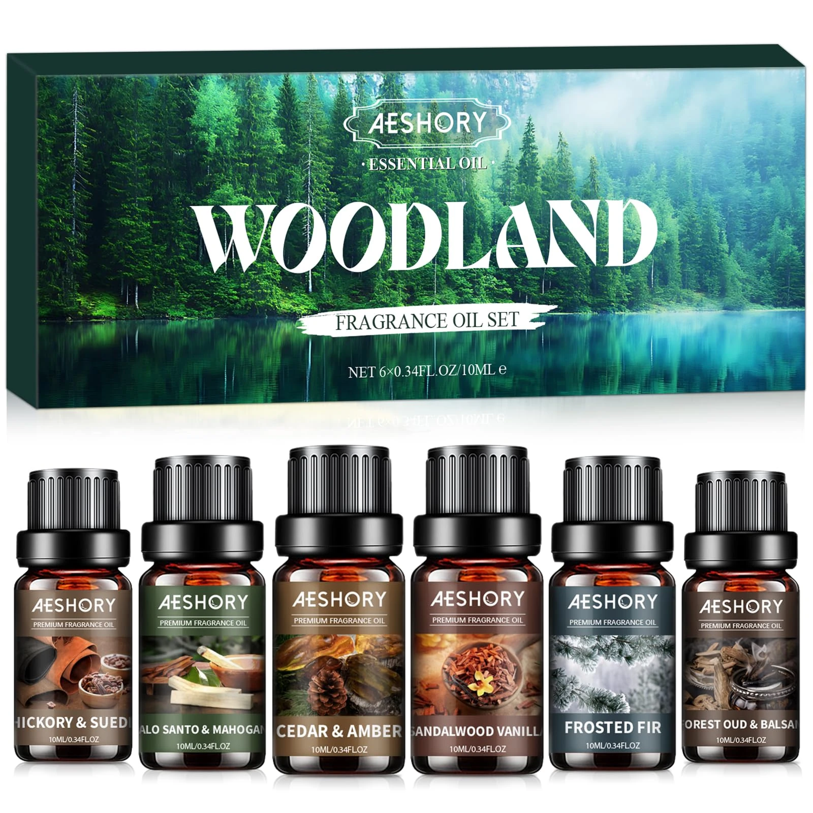 Aeshory Woodland Essential Oils Set 6 x 10ml, Natural Scented Oils for Diffuser - Hickory and Suede, Sandalwood Vanilla, Frosted Fir, Palo Santo and Mahogany, Cedar and Amber, Forest Oud and Balsam