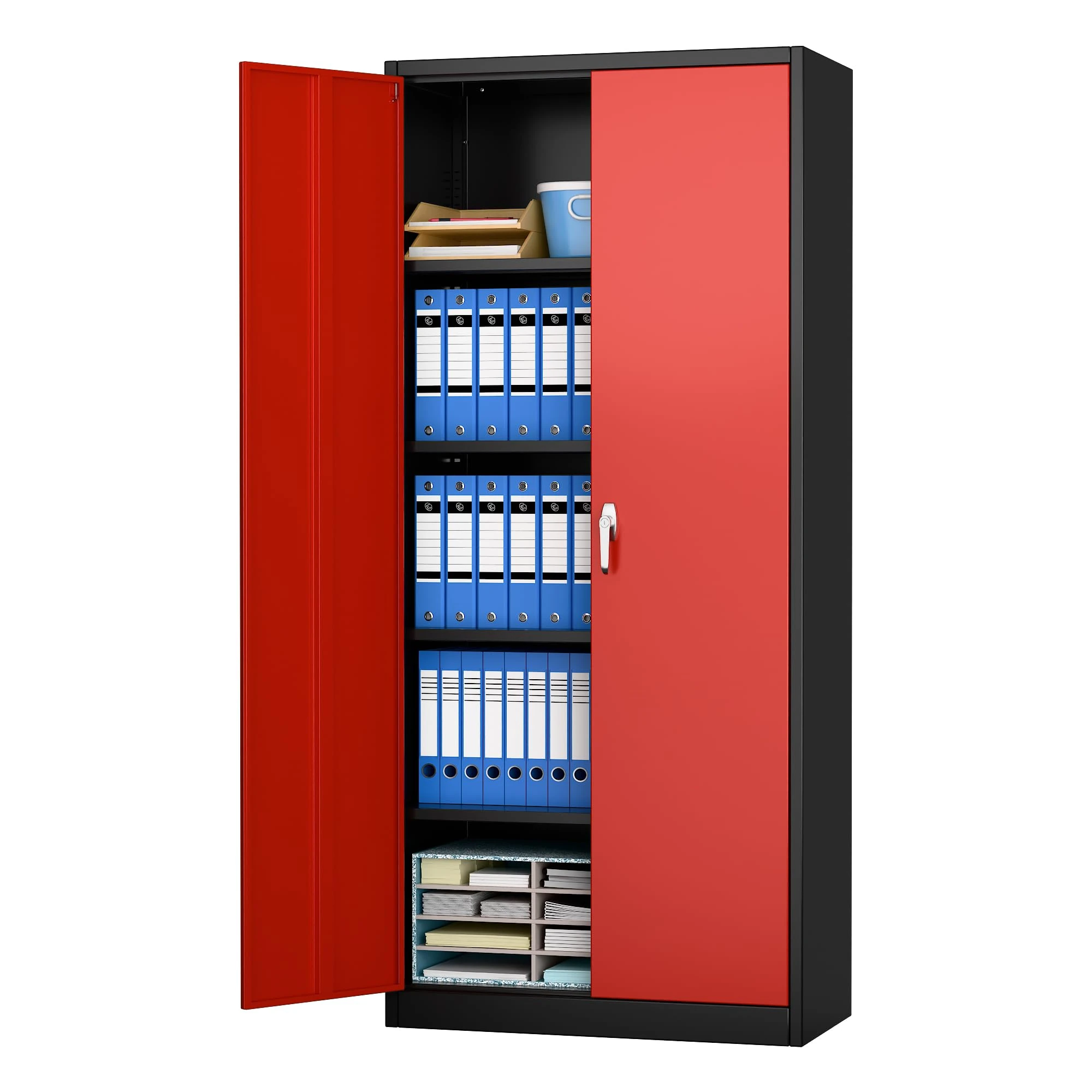 SUPEER Metal Storage Cabinet with 2 Door and 4 Adjustable Shelves,180CM Tall Steel Cabinet for Warehouse,Garage,Home,Office,Easy Assemble Required(Black/Red)