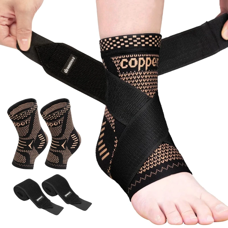 Ankle Brace for Women Men, 2 Pack Ankle Support Brace for Sprained Ankle, Plantar Fasciitis, Running, Football, Achilles Tendon Support for Achilles Tendonitis, Copper Infused, M