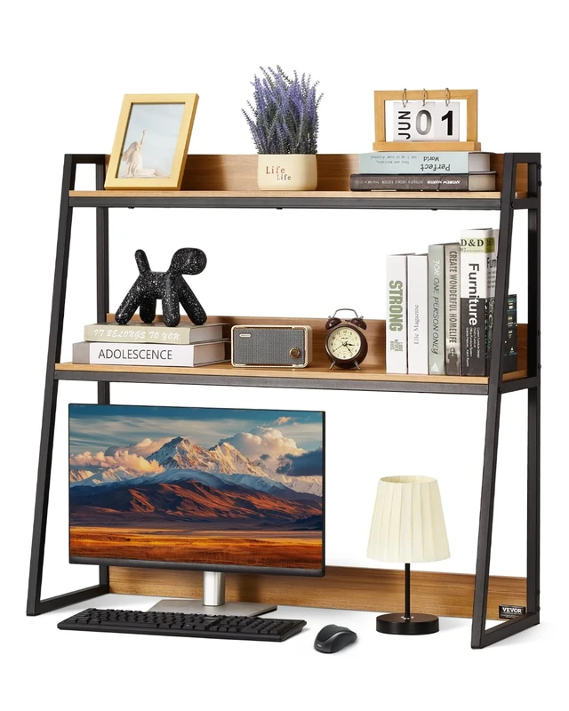 VEVOR Desktop Bookshelf, 2-Tier Desktop Storage Organizer, 37.4" x 12.6" x 35.4" Office Storage Rack Wood Color Display Shelf, Desktop Bookshelf Hutch with Anti-Slip Feet Pads, for Office, Home & Dorm