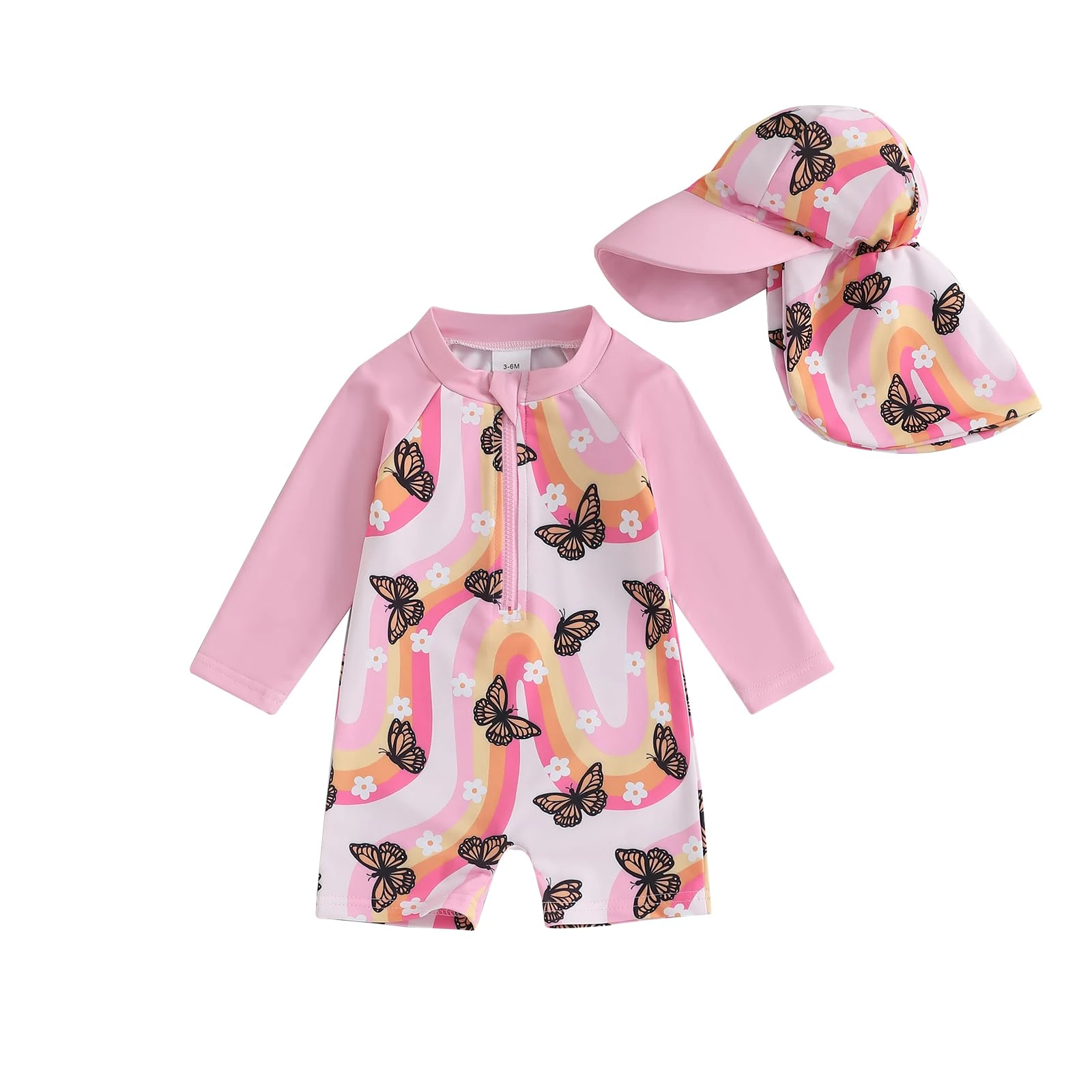 Geagodelia Toddler Baby Girl Swimsuit and Hat Zip Up Long Sleeve All in One Swimming Costume UV Sun Protection Swimwear One Piece Swimming Suit Rash Guard Sunsuit (Floral Butterfly Rose, 6-12 Months)