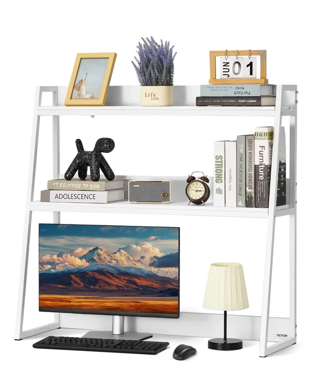 VEVOR Desktop Bookshelf, 2-Tier Desktop Storage Organizer, 37.4" x 12.6" x 35.4" Office Desk Storage Rack Display Shelf, Desktop Bookshelf Hutch with Anti-Slip Feet Pads, for Office, Home & Dorm White