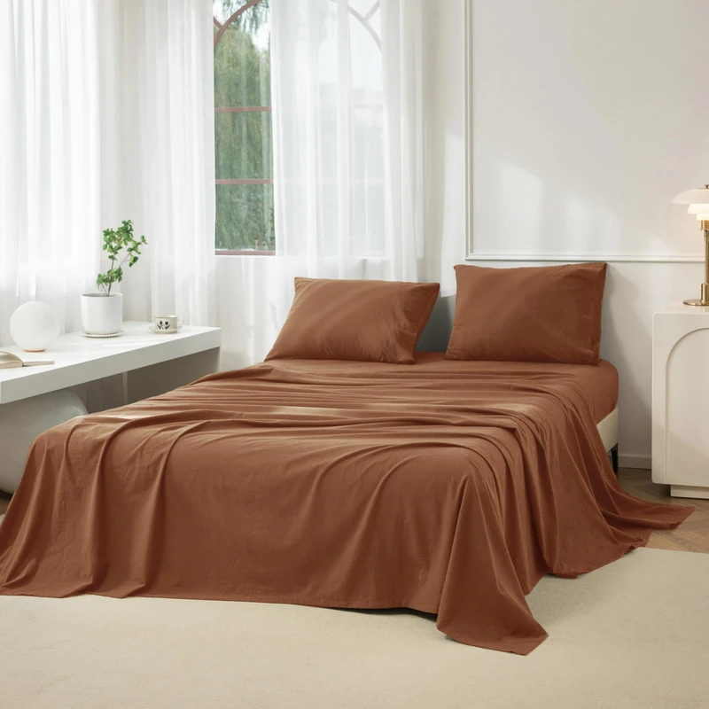 JIYUAN Queen Washed Cotton Sheet Set, 4-Piece, Relaxed Linen Feel
