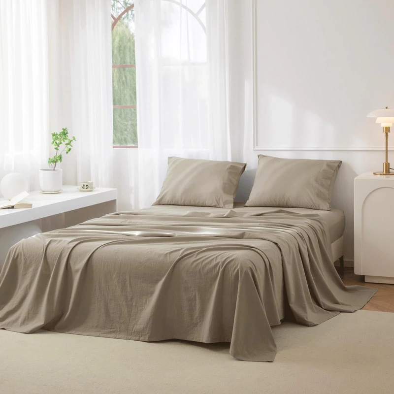 JIYUAN Full Washed Cotton Sheet Set, 4-Piece, Relaxed Linen Feel