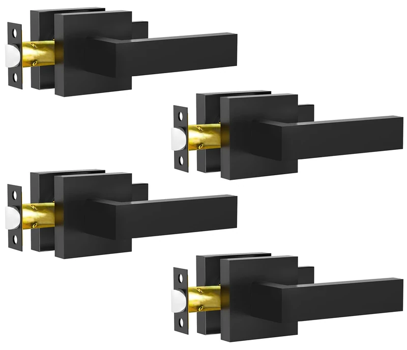 RAZCC Passage Door Lever, 4 Pack Matte Black Interior Door Handles for Hallway and Closet, Heavy Duty Square Interior Keyless Door Handles Non-Locking Door Knobs for Right & Left Side Door