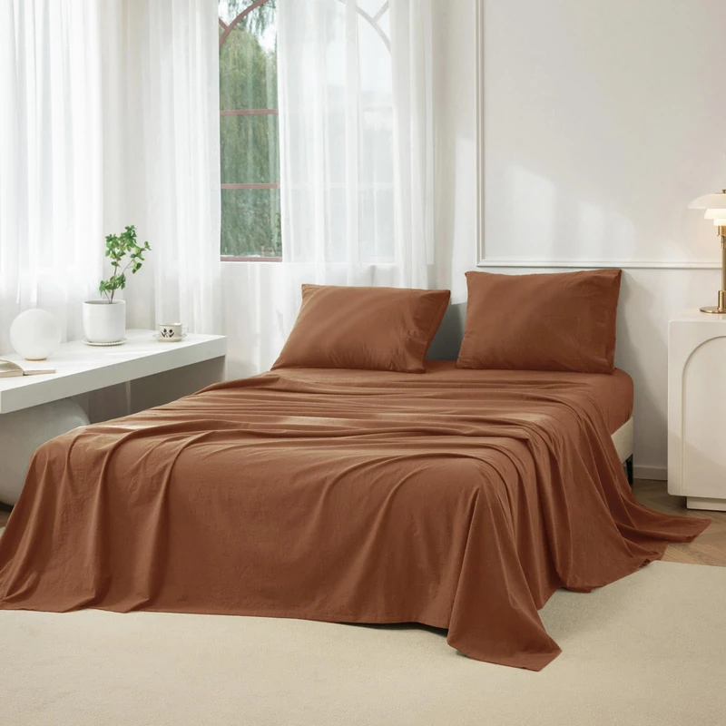 JIYUAN King Washed Cotton Sheet Set, 4-Piece, Relaxed Linen Feel