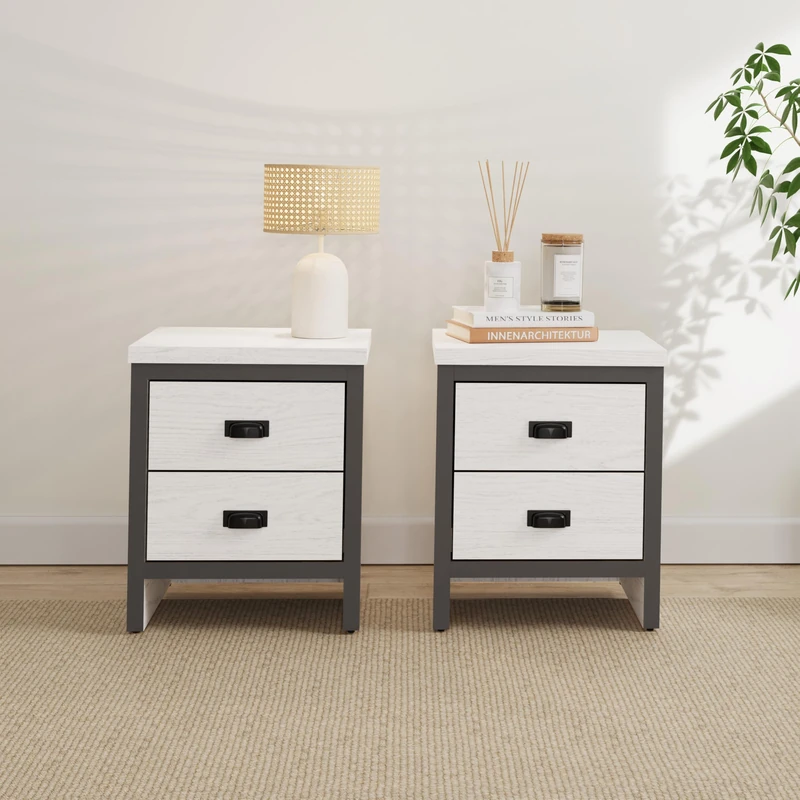 GFW Boston Pair Bedside Cabinets 2 Drawers Storage Shelf Side Cabinet End Table White