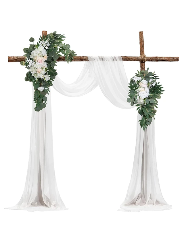 VEVOR Artificial Wedding Arch Flowers Kit, White Wedding Arch Flowers with Drapes Kit (Pack of 4) - 2 Pcs Floral Arrangement, 2 Pcs Sheer Drapes, for Ceremony Bouquets Reception Backdrop Decoration