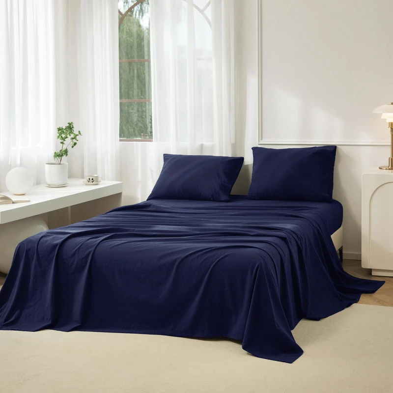 JIYUAN 100% Washed Cotton Sheet Set 3 Pieces Twin,1 Fitted Sheet,1 Flat Sheet and 1 Pillowcase, Comfy and Breathable Linen Like Bedding Set,Navy Blue