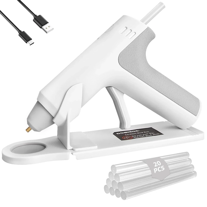 DOMINOX Cordless Hot Glue Gun with 20 Glue Sticks, 25s Fast Preheating, 2000mAh Type-C Rechargeable, Smart-Power-Off, for Art, Craft, DIY, Home Repairs, White