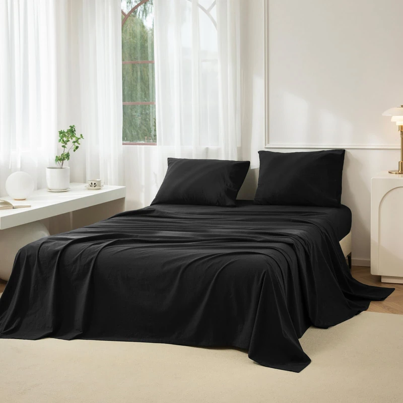 JIYUAN King Washed Cotton Sheet Set, 4-Piece, Relaxed Linen Feel