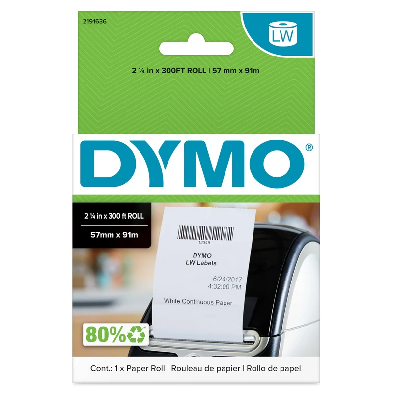 DYMO Authentic LabelWriter Continuous Labels | 57 mm x 91 metres (2 1/4 in x 300 ft) | DYMO Labels for LabelWriter Label Printers | 1 Roll