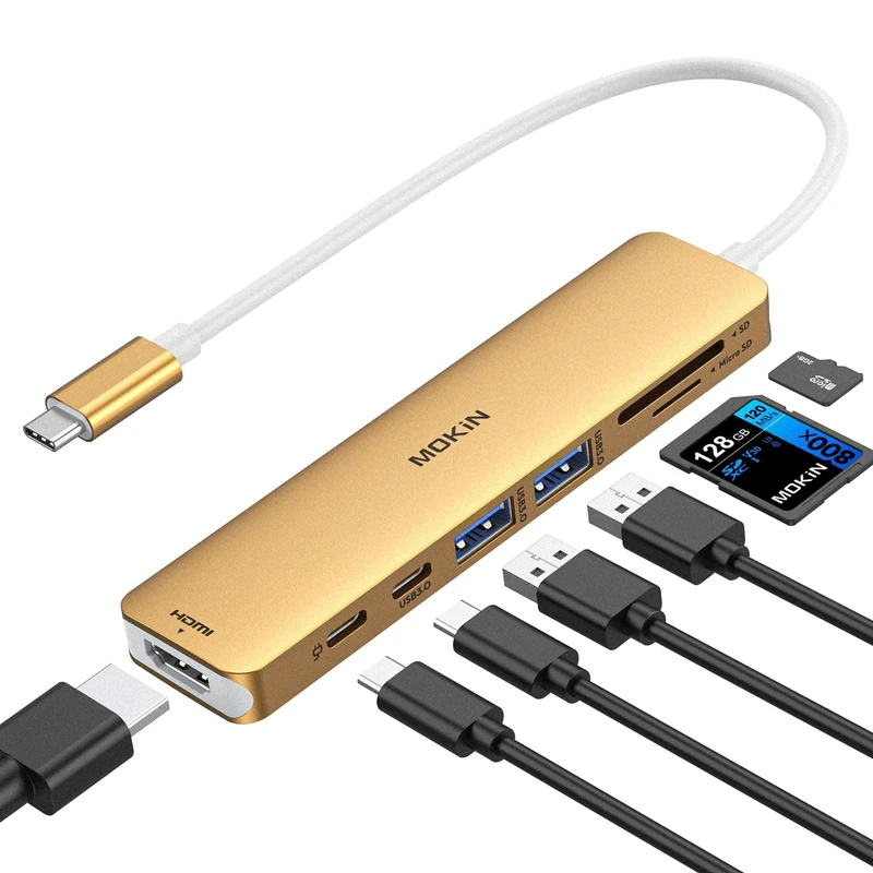 USB C Hub HDMI Adapter for MacBook Pro/Air, MOKiN 7 IN 1 USB C Dongle Mac Adapter with HDMI, Type C Data Port,100W PD,SD/TF and 2 USB3.0 for Dell/Lenovo/Thinkpad(Gold)