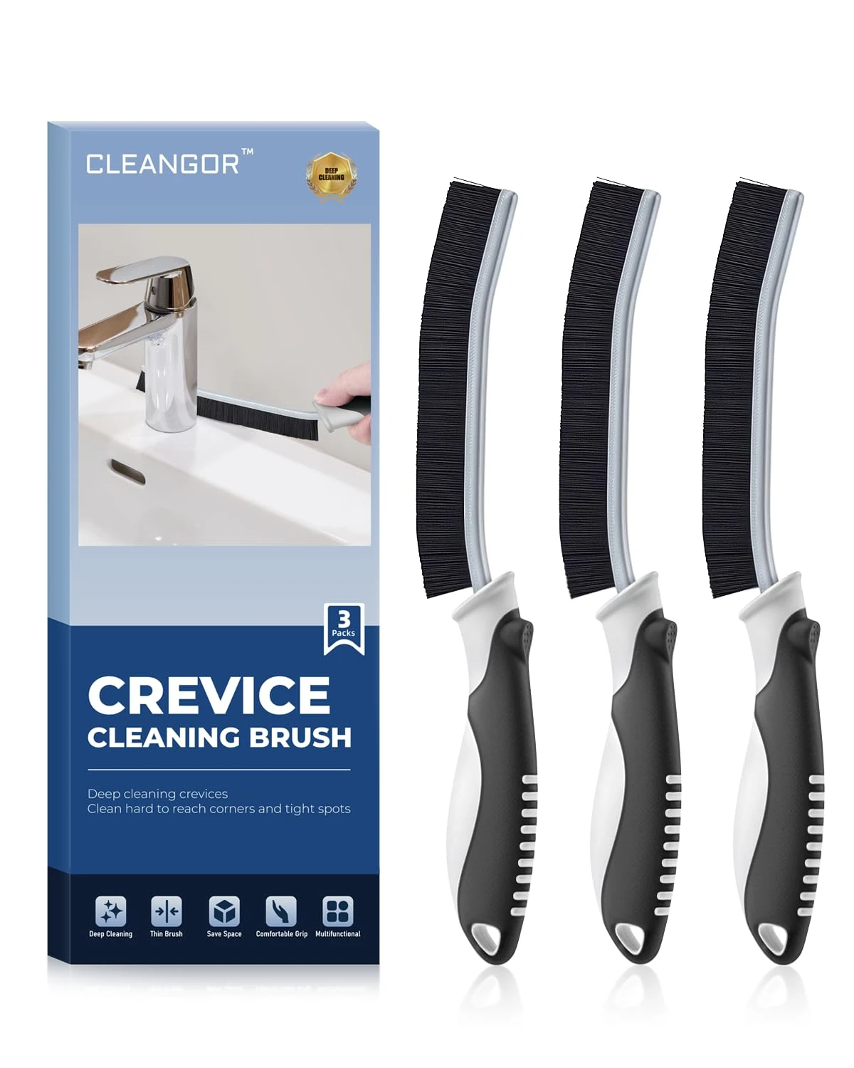 Cleangor Crevice Cleaning Brushes UK, Grout Cleaner Brush for Small Spaces to Reach, Magic Brush, Bathroom Accessory, Cleaning Tools, Cleaning Supplies for Shower, Toilet, Sink (3, Black)