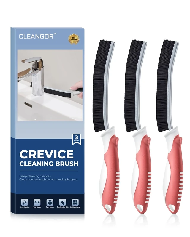 Cleangor Crevice Cleaning Brushes UK, Grout Cleaner Brush for Small Spaces to Reach, Magic Brush, Bathroom Accessory, Cleaning Tools, Cleaning Supplies for Shower, Toilet, Sink (3, Red)