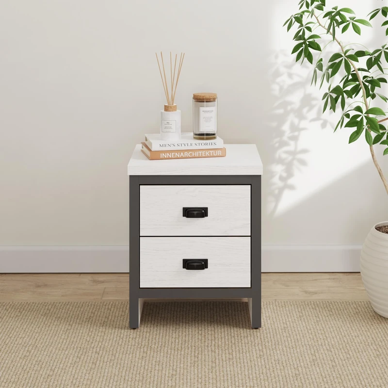GFW Boston Bedside Cabinet 2 Drawers Storage Shelf Side Cabinet End Table White