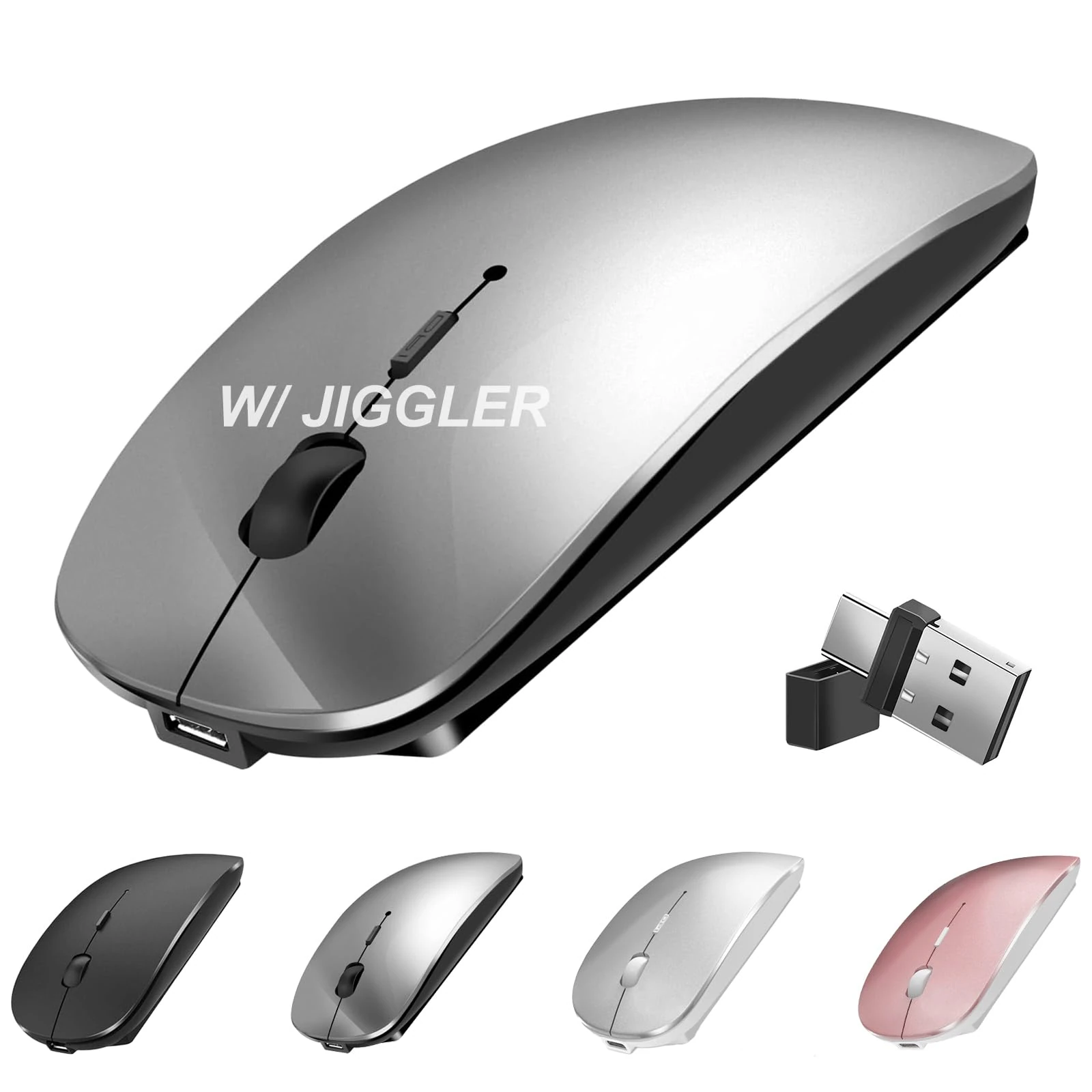 Suteke Wireless USBC Mouse for MacBook Air iMac Laptop Desktop Computer, Wireless Rechargeable Silent Mouse with Jiggler for Mac/Surface Pro (Bluetooth 5.2/3.0, 2.4G USB A, Type-C Receiver)