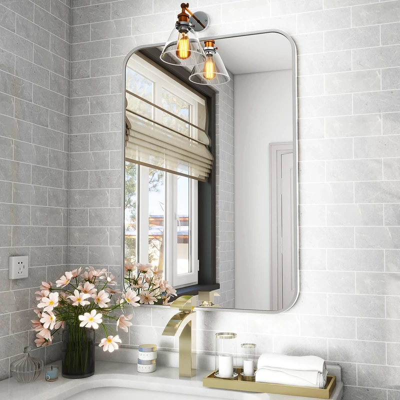 Koonmi Silver Mirror 20" x 28" with Rounded Corner, Aluminum Alloy Wall for Horizontal or Vertical Mounting