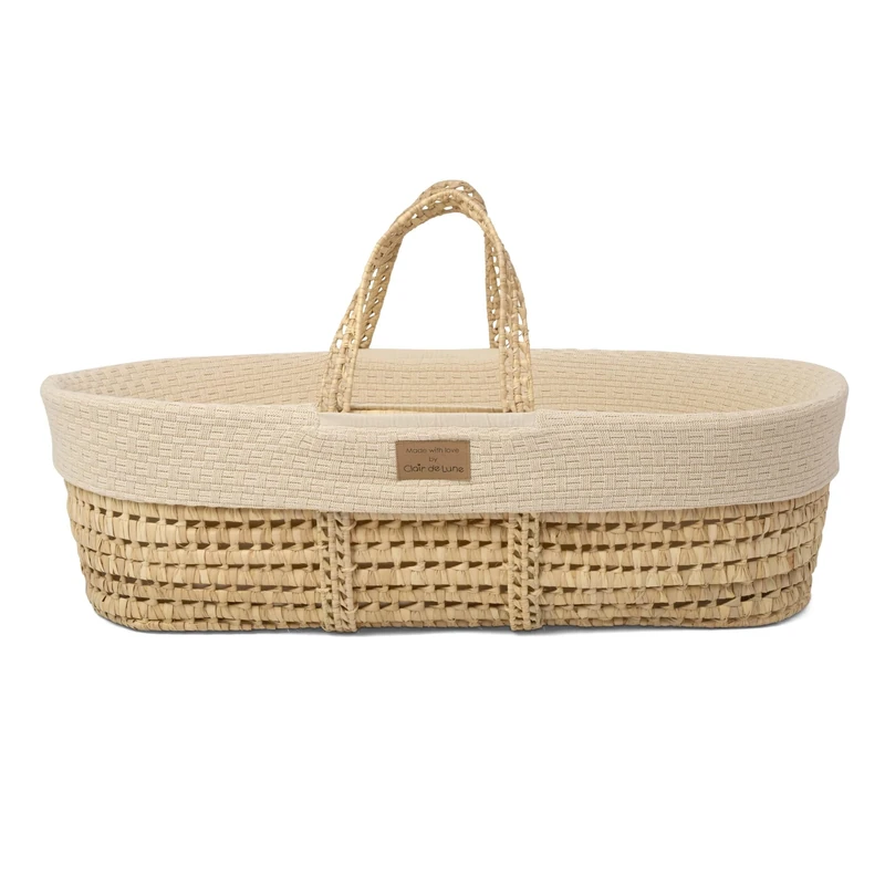 Clair de Lune Organic Knitted Palm Moses Basket, Comes With Natural Palm Basket, Organic Knitted Dressing and Natural Bamboo Mattress 75 x 28 cm (Cream)