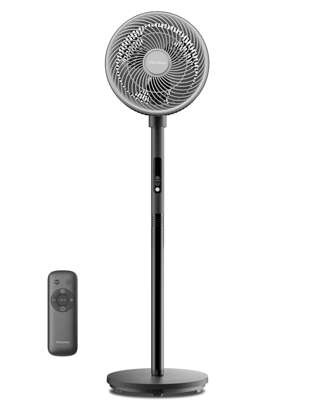 PELONIS Pedestal Fan with Remote Control and Touch Panel, 3D Oscillation, Ultra Quiet, 10m Airflow, Height Adjustable (60cm/111cm), 4 Speeds, Auto Timer, Easy Clean Grille Circulator Fan