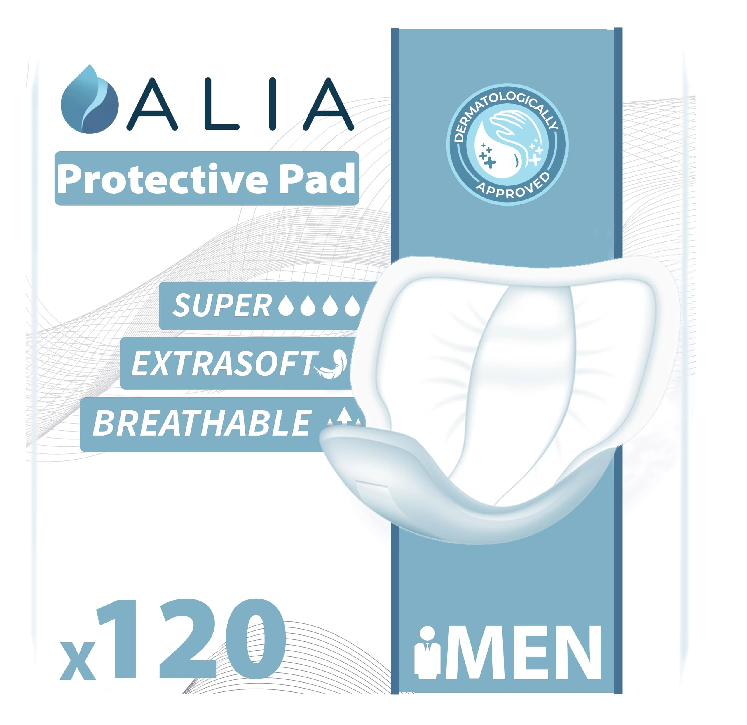 120 x ALIA Men Super Incontinence Pads | Super Absorbent Protectors | for Men of All Ages | Discrete, Soft Dermatologically Tested and Odour Free | 6 Packs of 20