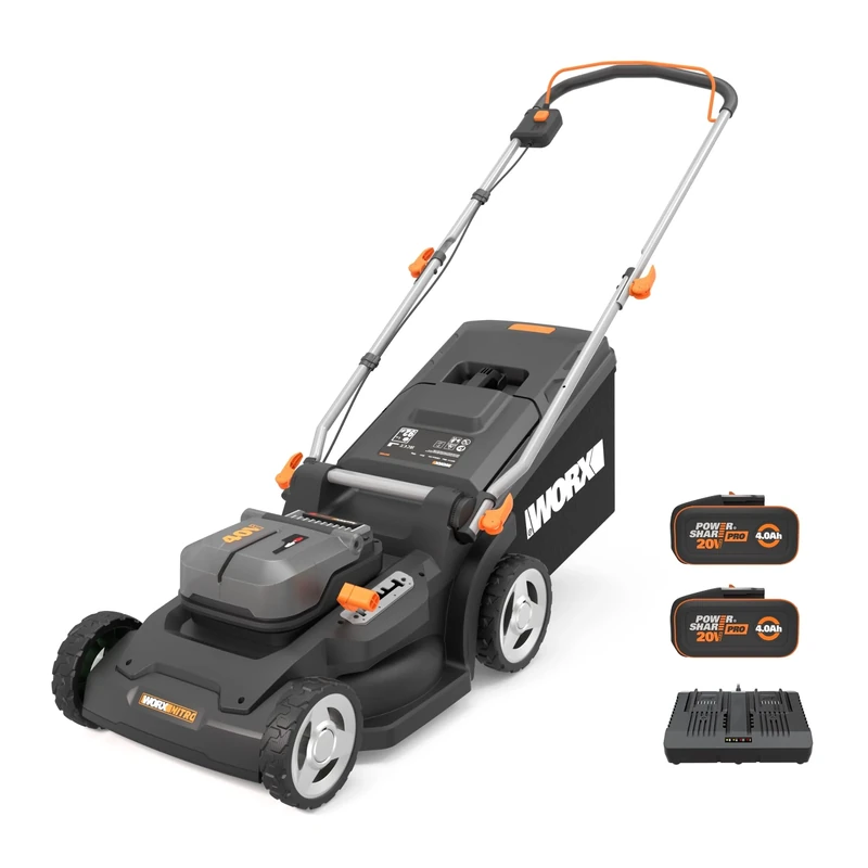 Worx WG745E 40V 41cm Cordless Brushless Lawnmower – Ideal for Medium to Large Gardens Up to 600㎡ – Includes 2x 4.0Ah Batteries & Charger, Cut-to-Edge, Foldable Handle