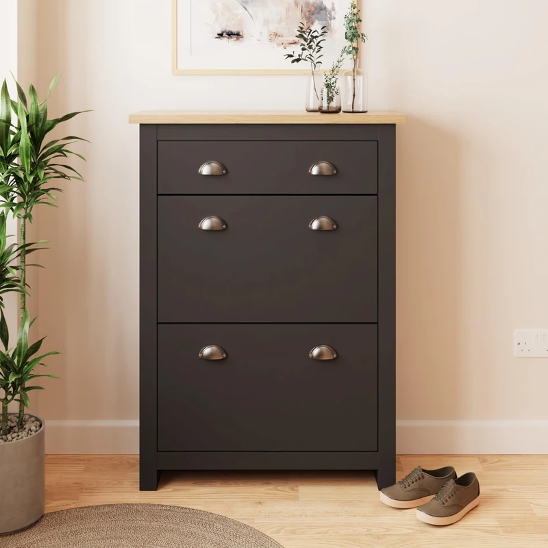 GFW Lancaster 2 Door 1 Drawer Foldable Shoe Cabinet Hallway & Bedroom Living Black - Image 1