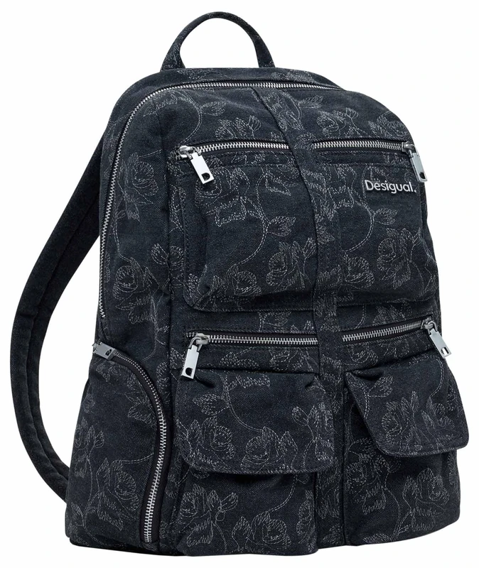 Desigual leisure backpack Chester Whiskey Embroidery Denim Big Backpack Black dark grey