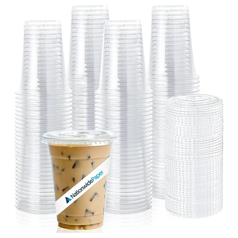 Nationwide Paper 10oz Crystal Clear Smoothie Cups with Flat lids, Perfect for Iced Coffee, Milkshake, Slurpee, Ice Cream, Razzle, Slush, Smoothy, Party's - Pack of 500