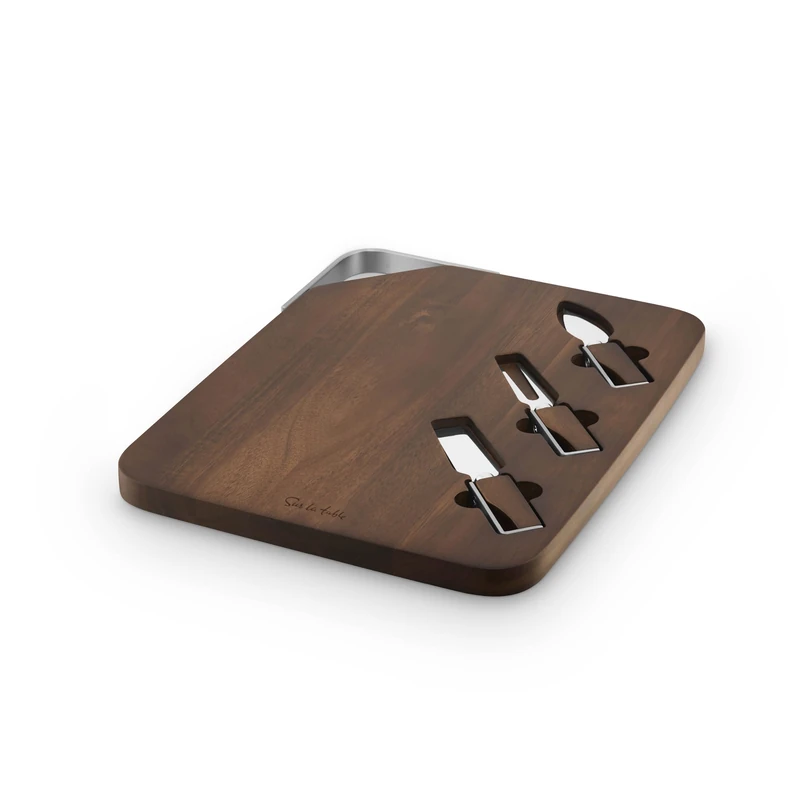 Sur La Table Core Rectangular Cheeseboard, 3 Stainless Steel Cheese Knives, Made from Strong Acacia Wood, Brushed Nickel Handle, Walnut Colour