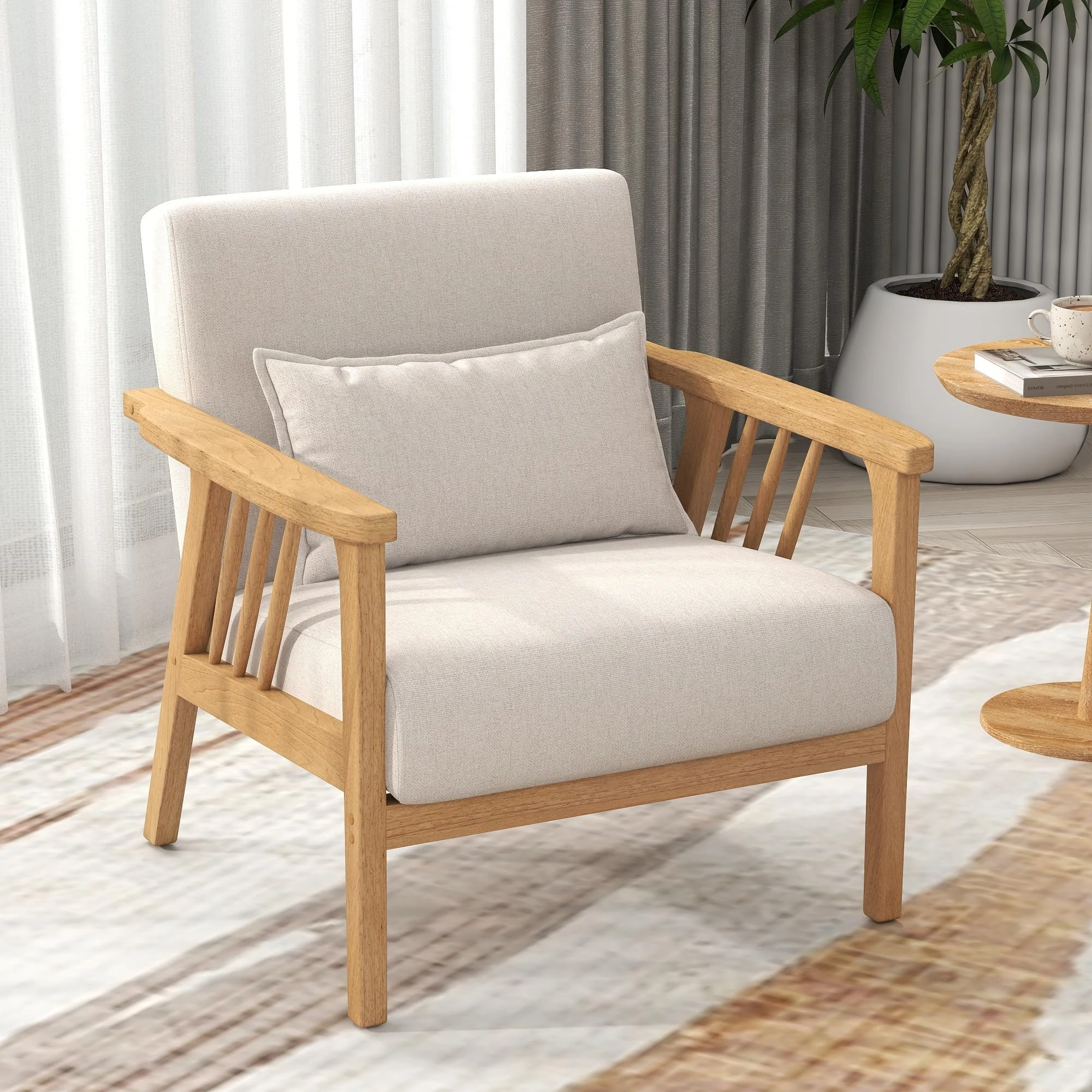 SEYNAR Mid-Century Modern Accent Chair, Linen Armchair and Lounge Chair with Lumbar Pillow, Wide Seat & Solid Wood Frame for Living Room, Bedroom or Balcony（Beige）